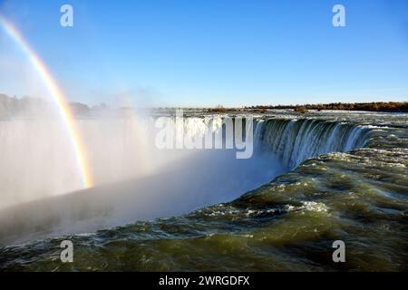 Ein doppelter Regenbogen ist am Table Rock zu sehen, der Aussichtsplattform auf der kanadischen Seite der Horseshoe Falls bei den Niagara Falls, Ontario. Stockfoto