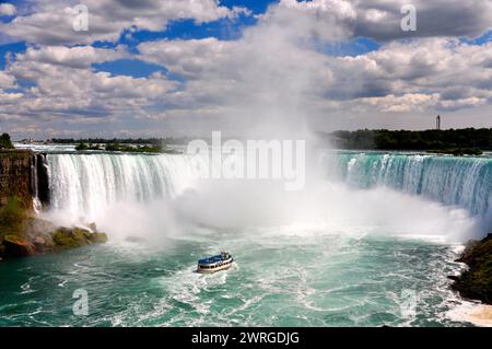 22. Juli 2015 - Niagarafälle, Ontario, Kanada: Blick auf die berühmten Horseshoe Falls und das Tourboot Maid of the Mist. Stockfoto