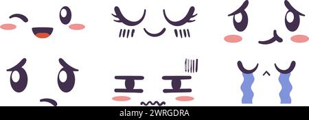 Kawaii-Gesichts, das Emotionen und Stimmungen ausdrückt. Flache handgezeichnete Vektor-Illustrationen im Comic-Manga- oder Anime-Stil. Stock Vektor