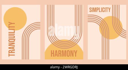 Minimalistische geometrische Zen-Bogen-Poster-Kollektion mit Text – Ruhe, Harmonie, Einfachheit. Abstrakte Boho-Formen in Retro-Ästhetik für Versatil Stock Vektor