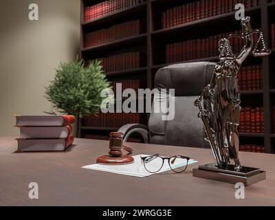 3D-Verleih des Schreibtisches des Richters mit Hammer, Statue des Themis der Gerechtigkeit und Dokumenten Stockfoto