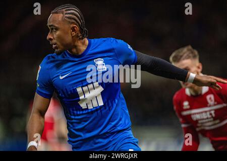 März 2024; St Andrews, Birmingham, West Midlands, England; EFL Championship Football, Birmingham City gegen Middlesbrough; Emanuel Aiwu aus Birmingham Stockfoto