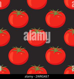 Nahtloses Muster des flachen Vektors mit frischer Tomate auf schwarzem Hintergrund. Nahtloses Gemüsemuster mit ganzen Tomaten Stock Vektor