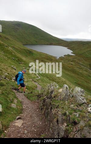 Lone man (Wanderer) Walking on Path von Deepdale Haus nach Grisedale Tarn in der Nähe von Patterdale, Lake District National Park, Cumbria, England, Großbritannien Stockfoto