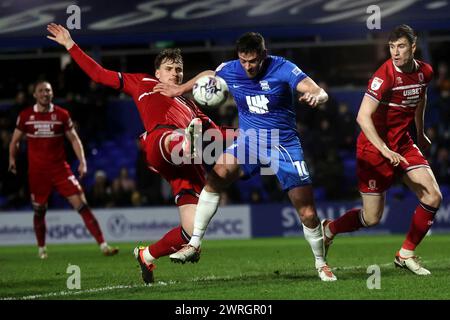 Birmingham, Großbritannien. März 2024. St Andrew's Stadium St Andrew's Stadium Middlesbrough Verteidiger Rav van den Berg (3) Birmingham City Stürmer Lukas Jutkiewicz (10) während des EFL Sky Bet Championship Matches zwischen Birmingham City und Middlesbrough im St Andrew's Stadium, Birmingham, England am 12. März 2024. (Andy Shaw/SPP) (Andy Shaw/SPP) Credit: SPP Sport Press Photo. /Alamy Live News Stockfoto