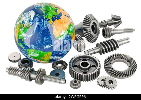 Zahnräder und Zahnräder mit Earth Globe. Global Industrial and Engineering, Konzept. 3D-Rendering isoliert auf weißem Hintergrund Stockfoto