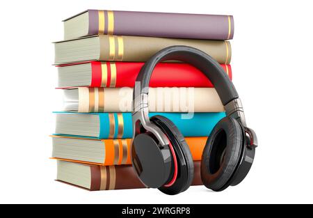 Kopfhörer mit Büchern, Hörbuch-Konzept. 3D-Rendering isoliert auf weißem Hintergrund Stockfoto