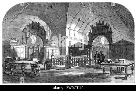 Views of Merton College, Oxford: The Library, 1864. Zwei Seiten des Mafia-Quadrangels sind von der Bibliothek besetzt, die William Rede, Fellow des Colleges 1319, und später Bischof von Chichester, erbaut hat. Er soll sein eigener Architekt gewesen sein. Sie ist eine der frühesten und vielleicht auch die authentischste, antike Bibliothek des Königreichs und der Prototyp unserer öffentlichen Bibliotheken. Im alten Fenster sind einige originale Waffengläser erhalten. Aus Illustrated London News, 1864. Stockfoto