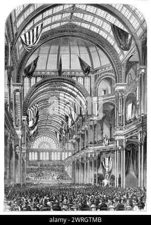 Eröffnung des Kristallpalastes in Amsterdam für die Ausstellung für Kunst und Industrie, 1864. "Die Mode Englands, 1851 einen Kristallpalast zu errichten, in dem die verschiedenen Produktionen von Kunst und Industrie ausgestellt werden, wurde von Holland, ein Land, dessen Einwohner... sprichwörtlich langsam und sicher sind, irgendeine der Entwicklungen des Unternehmertums in fremden Ländern zu übernehmen... das Gebäude war offiziell opened...in die Anwesenheit von etwa siebentausend Zuschauern... Händels "Hallelujah Chorus" und Mendelssohns "Magnificat"... wurden mit glorreicher Wirkung gegeben... Th Stockfoto