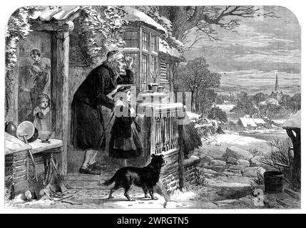 Winter, gezeichnet von A. Hunt, 1864. "Die Sonne sinkt im winterlichen Himmel, und die ganze Landschaft liegt in Schnee, der Tag stirbt, und um ihn sterben zu sehen, kommen Sie Jugend und Alter, die das schwindende Leuchten beobachten. Das Zeitalter schaut wehmütig hervor und sehnt sich danach, so sanft, schweigend, zur friedlichen Ruhe zu gehen: Die Jugend, voller Hoffnung, unbewusst des Leidens des Lebens, blickt freudig auf den glühenden Westen. Das Alter ist müde - er hat seine Rolle gespielt - der winterliche Tag des Lebens neigt sich dem Ende zu; aber der Frühling scheint im jungen Herzen des Kindes, wie Tautropfen, die auf der blühenden Rose leuchten. Die Nacht kommt, aber der Morgen ist Stockfoto