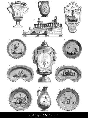 Exemplare aus M. Champfleurys Töpfersammlung, illustrierend zur Französischen Revolution, 1864. "1. Das Porträt von Necker:...L'Espoir et le Soutien de la France... auf einem Milchtopf. 2. Ein porte-Bouquet:... Notre union fait notre Force. 3. Heilig-Wasser-Vase...[wahrscheinlich]...belonged an...[einen] ungescheidigten Priester. 4. Ein Tintenständer... auf einer Schublade befindet sich die Aufschrift Guerre aux tyrans; auf der linken Seite Unit&#xe9; et indivisibilit&#xe9; de la R&#xe9;publique; auf der rechten Seite Paix aux Chaumi&#xe8;res. 5. Ein Schild mit der Inschrift Jeanne Charbonnier... die Göttin ist dargestellt mit einem gelben c Stockfoto