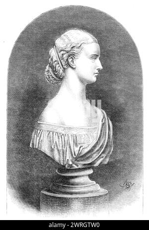 Büste von H.R.H. der Prinzessin von Wales, von Marshall Wood, 1864. "...das fertige Werk aus Marmor wird in der Königlichen Akademie ausgestellt. Vielleicht erinnern wir uns daran, dass wir das Modell als Kunstwerk lobten, aber dass wir vor allem Mr. Marshall Woods sehr ehrliche und skrupellose Treue zu den winzigen Eigenschaften des lebendigen Originals lobten, die einem Kopf in seinen allgemeinen Proportionen Individualität verleihen. Dennoch haben wir eine leichte Ausnahme von der Behandlung des Mundbildes durch den Bildhauer gemacht; aber es ist nur, um zu sagen, dass wir jetzt nicht an der fertigen Büste, jenem obj Stockfoto