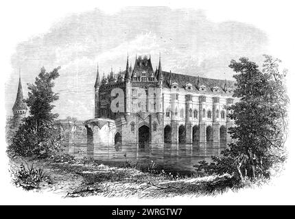 Chateau von Chenonceaux, Touraine, früher bewohnt von Catherine de Medicis und Mary Stuart, 1864. Gravur aus einer Skizze von Mr. Campion aus Tenby. Das Schloss von Chenonceaux... ist auf einem soliden Steinfundament von neun Bögen über den Fluss Cher gebaut, der durch das Gebiet fließt; und der große Eingang wird von einer ornamentalen Brücke erreicht, die die Portcullis und die Zugbrücke der Antike ersetzt. Dieses Herrenhaus gilt als eines der perfektesten und schönsten Exemplare des alten französischen Schlosses[x], sowohl hinsichtlich seiner Außenarchitektur als auch der Innendekoration. Das ist es Stockfoto