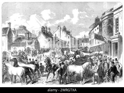 Die jährliche Pferdemesse in Horncastle, Lincolnshire, 1864. Blick auf die Hauptstraße [während] der jährlichen Pferdemesse, die eine der wichtigsten in diesem Land ist. Eine große Ansammlung von professionellen und Amateur-Pferdehändlern und Pferdezüchtern, Besitzern von Reisebussen und Omnibussen, Jobmeistern, Lackhütern, Herren Sportlern und Kavallerie-Umsteigeagenten wurden zu diesem Anlass zusammengebracht. Es gab eine herrliche Sammlung von: Pferdegeschirr, Blutbestand und Rinder, überlegene Tiere für private Kutschen, Jäger, kräftige, dickbesetzte, aktive Pferde, geeignet für die Stadt Stockfoto