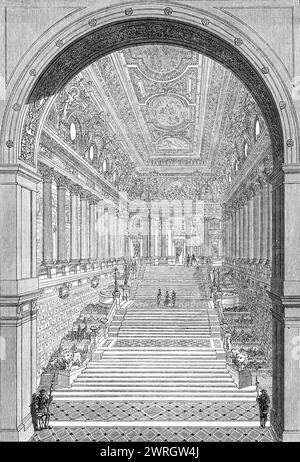 Verlosung der Royal Academy Prize: "Treppe eines Königspalastes" von Richard Phene Spiers, 1864. '...perspektivische Ansicht der Treppe... die Ecken sind gefüllt mit Statuen in Nischen und allegorischen Figuren. Eine Galerie verläuft um den oberen Teil dieser Halle, die von oben beleuchtet wird und von zwölf Fenstern, die die Seiten der Kuppel durchstechen. Rechts und links befinden sich zusätzliche Treppen... zur privaten Nutzung durch die Minister und das diplomatische Korps. Die große Treppe wird durch einen Torbogen von 35 Fuß erreicht. Breite x 52 Fuß Hoch, und in einer riesigen Halle von 120 Fuß. Lang und 50 Fuß. Breit. Die ste Stockfoto