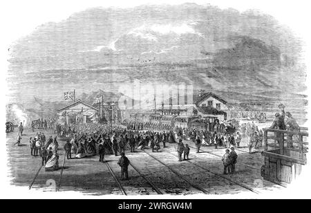 Eröffnung der Cape Town and Wellington Railway: Ankunft des ersten Zuges an der Wellington Station, 1864. "Dies ist das einzige bedeutende Eisenbahnunternehmen, das in Südafrika begonnen wurde, und das erste, das in der Kap-Kolonie fertiggestellt wurde. Die einteilige und etwa 58 Meilen lange Strecke, einschließlich der Verlängerung in die Stadt Kapstadt, überquert die Cape Flats und führt durch das Tal der Eerste, vorbei an Stellenbosch und Paarl. und endet in der Stadt Wellington, am Fuße des Kloof Pass von Bain... die Eisenbahn wurde am 4. November von Sir P. eröffnet Stockfoto