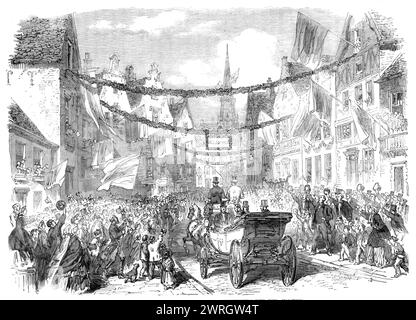 Der Schleswig-Holstein-Schwierigkeitsgrad: Triumphaler Einzug des Fürsten Friedrich von Augustenburg in Kiel, Holstein, 1864. Die Nachricht von der Ankunft des Prinzen verbreitete sich wie ein Lauffeuer durch die Stadt, und alle Bewohner, angeführt von den Gemeindebehörden, strömten zum Endbahnhof, um ihn willkommen zu heißen. Der Fortschritt des Herzogs durch die Stadt war ein Triumphzug. Er und seine Begleitpersonen mussten auf ihrem Weg durch die Straßen einen perfekten Blumendusch durchlaufen...der Herzog ritt barköpfig und dankte den Menschen auf allen Seiten wiederholt für den Empfang, den ihm gewährt wurde. Um sechs in der EV Stockfoto