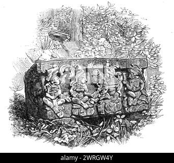 Die Ruinen von Copan, Zentralamerika: Quadratischer Stein mit Seiten, die den Punkten des Kompasses zugewandt sind, 1864. Kupferstich von einem Foto von Mr. Osbert Salvin. Wo die Ruinen stehen... öffnet sich das Tal in eine kleine Schwemmebene von großer Fruchtbarkeit. Überall, wo die Vegetation unberührt geblieben ist, wächst Wald. Es wäre schwierig zu bestimmen, wie weit sich die Ruinen im Tal erstrecken. während man die ganze Straße entlang von Skulpturen sieht, die zu dem führen, was der zentrale Punkt der Ruinen zu sein scheint... zeigen die Eingeborenen in den Hügeln auf einen bemalten Stein und ein geschnitztes s Stockfoto