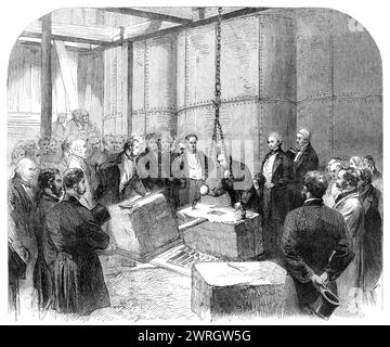 Den Grundstein der Themse-Embankment bei Whitehall Treppen legen, 1864. Herr John Thwaites, Vorsitzender des Metropolitan Board of Works, übernahm das Amt. Das Thames Embankment ist ein Bauwerk aus dem 19. Jahrhundert, das Land in der Nähe der Themse im Zentrum Londons zurückeroberte. Sie besteht aus dem Victoria Embankment und dem Chelsea Embankment. Aus Illustrated London News, 1864. Stockfoto