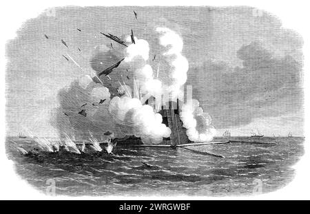 Experimente mit dem 600-Pfünder Armstrong gegen das schwimmende Ziel der Krieger, 1864. Der Anblick, den das Ziel beim Treffer darstellte, war sehr groß. Die Granate von ihrer enormen Größe war während ihres Fluges von 1000 Metern von der Kanone zum Ziel deutlich zu sehen, und als die Granate explodierte, umhüllte ein riesiges Volumen von Rauch und Flammen das Ziel sofort. Über den Rauchstücken der Planke flossen in der Luft und kündigten den Abriss der Box im Heck an... als das Ziel zerstückelt wurde, wurde festgestellt, dass der zerbrechliche Effekt weit über die Grenzen des Lochs hinausging... das ganze Stockfoto