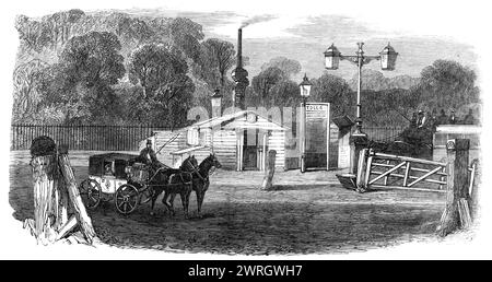 Turnpike-Tore in und in der Nähe von London wurden gerade abgerissen: Kensington Gate, 1864. "Diese Woche wurde Zeuge der Abschaffung der Mautbeschränkungen auf 50 Meilen Straße in und um London auf der Middlesex-Seite der Themse. Vor vielen Jahren begann die Agitation für ihre Absetzung, und die Illustrated London News haben dann die Vorreiterrolle übernommen, um diese wichtige Frage der sozialen und wirtschaftlichen Reform zu befürworten. Deshalb haben wir es für sinnvoll gehalten, Skizzen einiger der Zolltore zu gravieren, die jedem Londoner so vertraut waren und die teilweise im L verschwunden sind Stockfoto