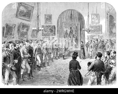 Präsentation eines Pferdeportrats ihrer Ladyschaft an die Gräfin von Yarborough von den Gentlemen of the Brocklesby Hunt, 1864. Ein erfreuliches Zeugnis öffentlichen und privaten Respekts wurde kürzlich der Gräfin von Yarborough in Brocklesby Hall, Lincolnshire, abgegeben. Sowohl der Earl als auch die Gräfin genießen die Freuden der Jagd, und da es ihre Freude ist, dass andere an der Unterhaltung teilnehmen, wird die Brocklesby-Jagd mit dem Prestige Schritt gehalten, das sie immer unter den Rudeln Englands berühmt gemacht hat... das Porträt ist lebensgroß, das Bild misst 10 Meter. Auf 1,6 m T Stockfoto