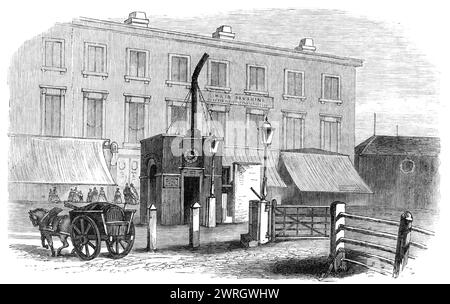 Turnpike-Tore in und in der Nähe von London wurden gerade abgerissen: City-Road Gate, 1864. "Diese Woche wurde Zeuge der Abschaffung der Mautbeschränkungen auf 50 Meilen Straße in und um London auf der Middlesex-Seite der Themse. Vor vielen Jahren begann die Agitation für ihre Absetzung, und die Illustrated London News haben dann die Vorreiterrolle übernommen, um diese wichtige Frage der sozialen und wirtschaftlichen Reform zu befürworten. Wir haben daher gedacht, dass es sich lohnt, Skizzen einiger der Zolltore zu gravieren, die jedem Londoner Auge so vertraut waren und die teilweise in der L.A. verschwunden sind Stockfoto