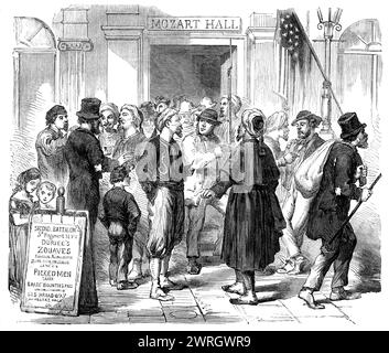 The war in America: Recruiting in New York: The Irish Zouaves, 1862. Szene in einem Rekrutierungsbüro in der Mozart Hall, Broadway. "Die Bundesregierung war gezwungen, auf das System des hohen Kopfgeldes für Ausländer zurückzugreifen... um die erschöpften Reihen der Armee zu füllen... Sie boten jedem Rekruten 100 Dollar Kopfgeld an, und diese Summe war nicht ausreichend, um die erste Reihe von 300.000 Männern zu liefern, die Mr. Lincoln im Sommer verlangte, und das zweite 300.000, das er unter der Strafe einer Wehrpflicht verlangte,... verdoppeln sich die Konzerne der verschiedenen Städte im Norden Stockfoto