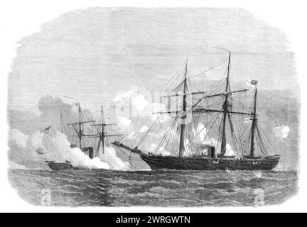 Der Kampf zwischen den Alabama und den Kearsarge, 1864. Amerikanischer Bürgerkrieg - Seeschlacht vor Cherbourg am 19. Juni, nach einer Skizze von Robert Lancaster, dem Besitzer der Yacht Deerhound, die während der gesamten Schlacht anwesend war und die glücklicherweise dazu beitrug, das Leben von Kapitän Semmes zu retten, dreizehn Offiziere, und 26 Männer der Alabama (ein konföderiertes Schiff, das ursprünglich Nr. 290 genannt wurde), als sie ins Wasser gesprungen waren, als ihr Schiff unterging. Captain Winslow von der Kearsarge schrieb: "Die Kearsarge... steuerte sofort auf die Alabama, um sie näher zu bringen. Die Stockfoto