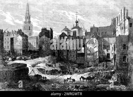 Demolition of Hungerford Market: Blick auf den Strand, [London], 1862. "Das Verschwinden des Hungerford Market... ist vielleicht kein Thema von viel, wenn überhaupt. Reue...an seiner Stelle steht kurz vor dem Aufstieg eines großen Endpunkts der West-End Metropolitan Railway [Charing Cross Station]...das Gebäude, das kürzlich abgerissen wurde, besetzte den Platz eines 1608 von Sir Edward Hungerford erbauten Marktplatzes...die alte Halle und eine Kolonnade blieben bis etwa 1830...[als] das späte Gebäude dort errichtet wurde es war ein düsterer provisorischer Aspekt, selbst in den Gängen der Vierecke... aber das Auto von t Stockfoto