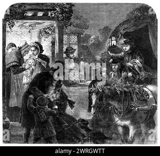 Ein Besuch des Alten Volkes am Heiligabend - gezeichnet von Alfred Hunt, 1864. "Wenn man am Weihnachtstag in alle Häuser Englands gucken könnte, welche Szenen häuslichen Glücks wären zu sehen! ... Hier haben wir eine der wohlhabenden Familien - nicht reich und sicher nicht Arm - mit denen England reich ist. und die Knochen und Muskeln der Nation bilden. Es besteht keine Notwendigkeit, die Lage dieser Szene zu bestimmen, denn jedes County und jede Gemeinde Englands hat zur Weihnachtszeit viele solcher Szenen. Der erste herzliche Gruß, die junge Mutter zeigt mir mit natürlichem Stolz ihr Baby Stockfoto