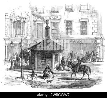 Turnpike-Tore in und bei London wurden gerade abgerissen: Notting-Hill Gate, 1864. "Diese Woche wurde Zeuge der Abschaffung der Mautbeschränkungen auf 50 Meilen Straße in und um London auf der Middlesex-Seite der Themse. Vor vielen Jahren begann die Agitation für ihre Absetzung, und die Illustrated London News haben dann die Vorreiterrolle übernommen, um diese wichtige Frage der sozialen und wirtschaftlichen Reform zu befürworten. Wir haben daher gedacht, dass es sich lohnt, Skizzen einiger der Zolltore zu gravieren, die jedem Londoner so vertraut waren und die teilweise in der verschwunden sind Stockfoto