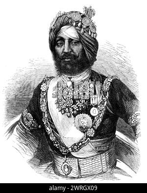 Der Rajah von Kapoorthalla, Ritter des Ordens des Sterns von Indien, 1864. "Der Rajah Randhir Singh aus Kapoorthalla ist einer der Prinzen des Punjaub, den Sir John Lawrence, Generalgouverneur von Indien, vor allem seine Kollegen und Landsleute für seine loyalen Dienste für Königin Victoria belohnt hat, um die Meuterei und Rebellion von 1857 zu unterdrücken. Bei der großen Durbar, oder Versammlung, die am 17. Oktober in Lahore stattfand, wurde die Rajah feierlich von Sir John Lawrence mit dem Auftrag des Sterns von Indien, der bereits von der Regierung von Lord Canning empfangen wurde, Stockfoto