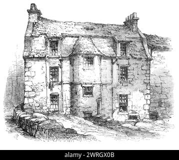 Der Geburtsort von David Roberts, Edinburgh, 1864. Gravur einer Skizze von Mr. E. W. Cooke, R.A. „das Haus befindet sich noch in dem Zustand, in dem es 1859 war... es befindet sich in Church-Lane, Stockbridge, einst ein freistehendes Dorf, aber jetzt Teil der Neustadt von Edinburgh. Der Ort liegt in der Nähe des Baches, das Wasser von Leith genannt wird, und in der Nähe von St. Bernard geht es gut. Unser Blick ist auf die Rückseite des Hauses und zeigt die runde Treppe. Die Vorderseite, die in eine enge Straße hineinblickt, ist... mit einer Steintafel oder einem Sturz über der Tür geschmückt, die die Legende trägt, die in Relief gemeißelt ist: I FEAR GOD ONLYE - 1605. Stockfoto