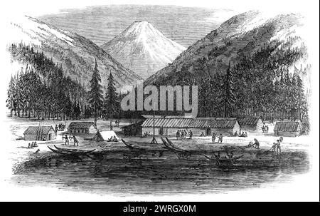 Skizzen in British Columbia: Indian Village, Douglas Lake, 1864. Dorf '...inhabited von 200 oder 300 Menschen des Quit-Squaws-Stammes, die, wie alle, die auf dieser Route getroffen werden, friedlich, intelligent und fleißig sind und dem Reisenden oft große Hilfe leisten, indem sie sein Gepäck über die Landportage transportieren. Während bestimmter Jahreszeiten werden viele dieser Indianer eingesetzt, um Güter auf den Lilloett River zu transportieren, der über 21 Meilen parallel zur Douglas-Waggonstraße verläuft. Seine Navigation wäre extrem gefährlich, aber der Indianer war von Kindheit an trau Stockfoto