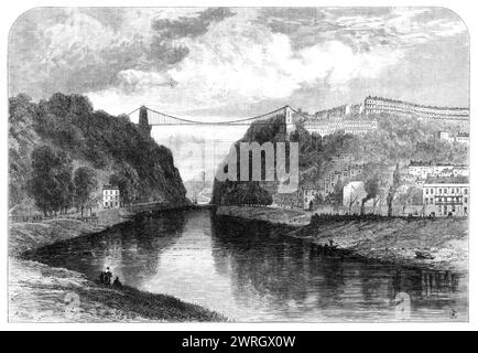 Die Hängebrücke über den Avon in Clifton, 1864. Brücke zwischen Bristol und Clifton. 'Mr. Brunel's...estimate war &#xa3;57.000; aber als &#xa3;45.000 ausgegeben worden war, waren nur die Türme gebaut worden, und die Arbeiten kamen zum Stillstand. Sein Entwurf war eine Kettenbrücke von einer einzigen Spannweite von 700 Fuß, zwei Ketten, die über zwei Türme verliefen und tief in den Kalksteinfelsen dahinter verankert waren. 1843 war das ganze Geld weg, und der Plan wurde wegen Geldmangels außer Acht gelassen... Mr.. Brunel war der Ingenieur der Hungerford Bridge gewesen, und als daher ihre Ketten heruntergezogen werden mussten Stockfoto