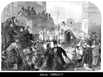 Ein "Block" in Park-Lane, [London], 1864. Verkehrsstaus: "Gerade an der Ecke der Brick-Street, die sich in der Nähe des Holdernesse House befindet, kann man zu bestimmten Zeiten täglich eine Szene lächerlicher, aber erbärmlicher Verwirrung erleben... der riesige rote Omnibus, der von Paddington zum Bahnhof Victoria fährt; die prächtige Kutsche und das Paar, das eine Tyburnische Dame aus ihren Geschäften oder Morgenrufen trägt: das flinke Hansom, das wegen seiner Schnelligkeit von einem eifrig aussehenden Herrn angeheuert wurde, um eine Eile zu erledigen... der Eselkarre des Costermongers, der Overdriv Stockfoto