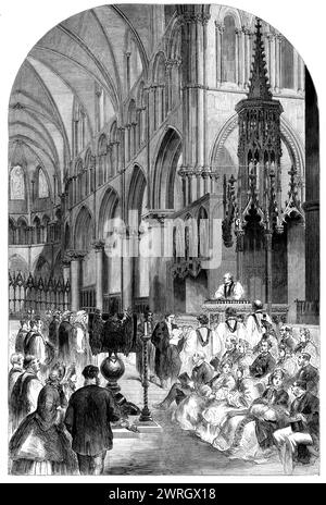 Enthronisierung von Pfarrer Charles Thomas Longley, Lord Erzbischof von Canterbury, im Chor der Kathedrale von Canterbury, 1862. "Am Ende der ersten Lektion stieg Erzdiakon Harrison von seinem Stall ab und führte den Erzbischof auf den Thron, in dem er ihn zum Sitzen veranlasste und ihn formell in das Erzbistum einführte, indem er die Einweisung wie folgt las: "ich, Benjamin Harrison, bin stellvertretend für James Croft, Master of Arts, Erzdiakon von Canterbury, führe ein, installiere, und Sie, den ehrwürdigsten Vater Gottes, Charles Thomas Longley, Doktor der Göttlichkeit, Lord Archb Stockfoto