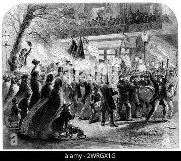 Die Wahl von Horatio Seymour, Gouverneur des Staates New York: Demokratische Prozession am New York Hotel, 1862. Prozession "...auf dem Weg zu einem abendlichen Treffen im City Hall Park, um die Nominierung von Hr. Horatio Seymour zum Gouverneur des Staates New York und von Herrn Elijah Ward, Fernando Wood, Benjamin Wood, zu ratifizieren. und James Brooks als Kongressabgeordnete für vier Wahlbezirke der Stadt. Das New York Hotel ist der Hauptsitz und Treffpunkt aller prominenten Politiker, deren Schlachtruf im gegenwärtigen beklagenswerten Kampf lautet: " Stockfoto