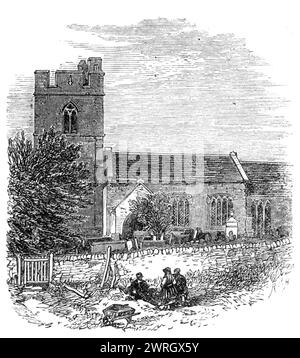 Old Radnor Church, die Grabstätte von Sir G. C. Lewis, 1864. Blick auf die St. Stephen's Church, „... Familienbegräbnisstätte des verstorbenen Sir George Cornewall Lewis, wo er vor einigen Monaten beigesetzt wurde“. Die Kirche wurde im 15. Jahrhundert im senkrechten gotischen Stil an der Stelle einer Kirche aus dem 6. Jahrhundert errichtet. Aus Illustrated London News, 1864. Stockfoto