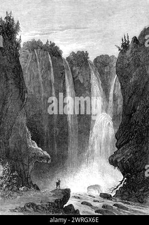 Peyton Falls, Alleghany County, Virginia, 1864. Gravur einer Skizze von Peyton Falls in den Alleghany Mountains, Western Virginia, von einem Amateurkünstler. Diese romantische und wunderschöne Kaskade liegt am Falling Spring, einem Nebenfluss des Jackson's River. Es liegt im Bezirk oder Township, das einst als West Augusta bekannt war...Peyton Falls ist mit 200 m der höchste Wasserfall in Amerika. In der Höhe, während die von Niagara nur 150 Fuß beträgt. Der Hauptstrom ist jedoch an der Spitze nur etwa 10 Meter breit und am unteren Ende des Falls etwas weiter verbreitet. Das Wasser ist Stockfoto