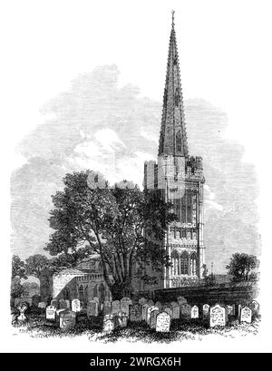 Oundle Church, Northamptonshire, kürzlich restauriert, 1864. Die Pfarrkirche St. Peter... wurde wieder eröffnet... nachdem er einige umfangreiche Restaurierungen durchgemacht hatte, die von Mr. R. Hall aus Nottingham unter der Leitung von Mr. Gilbert Scott ausgeführt wurden. Da sich diese Kirche in einem sehr baufälligen Zustand befindet, wurde es vor einiger Zeit für notwendig befunden, Schritte zu Unternehmen, um für ihre Reparatur zu sorgen... das Äußere hat einen hohen umkämpften Turm, mit dekoriertem und durchbohrtem Turm, zusammen ca. 200 Fuß. In der Höhe... waren die Wände und Bögen früher mit Gips oder Weißtünchen bedeckt, und diese wurde entfernt, so dass die ausgezeichnete Farbe von Stockfoto