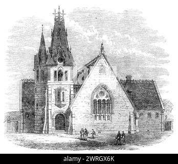 Neue freie Schule, Holburn-Street, Aberdeen, 1864. Mr. James Ross aus Cuparstown hinterließ eine große Summe Geld für den Bau der Schule und auch für ihre Ausstattung... die Kosten für das Gebäude werden sich auf ungefähr &#xa3;2500 belaufen. Das Zentralgebäude ist vollständig einem Schulraum gewidmet, der für bis zu 300 Gelehrte beider Geschlechter ausgelegt ist und so gebaut ist, dass es bei Bedarf in zwei Räume unterteilt werden kann. Es ist 62 Fuß. Lang und 28 Fuß Breit und 30 Fuß Hoch bis zur Spitze des Daches. Die Haupthölzer des Daches bilden einen gotischen Bogen, der Zwischenraum ist jeweils auf dem verputzt Stockfoto