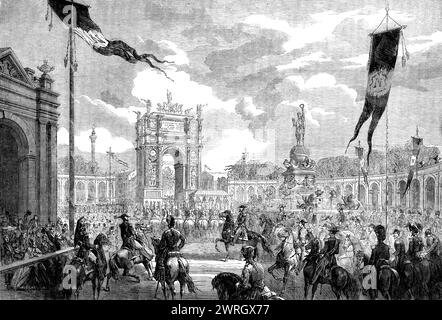 Eröffnung des Boulevard du Prince EUG&#xe8;ne in Paris durch den Kaiser, 1862. "...die gesamte Länge der Via nova war mit venezianischen Masten verziert, die sehr helle Seidenbanner und -Trophäen trugen...ein riesiges "Dekorationsprojekt", bestehend aus einem triumphbogen, einer kreisrunden Kolonnade und einem Brunnen...die Absicht der Gemeinde Paris, den triumphbogen zu errichten, war groß. was im Stil des Titus in Rom war, war, den kriegerischen Taten des Kaisers und der Armeen der Krim, Italiens, Chinas und Cochins eine Ehre zu erweisen Stockfoto