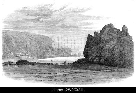 Cave Rock, Port Lyttelton, Neuseeland, 1864. "Die malerische Landschaft der Klippen auf beiden Seiten des Eingangs zum Hafen von Lyttelton in der neuseeländischen Canterbury-Provinz ist durch einen Blick auf den Cave Rock gut veranschaulicht, den wir nach einem Foto von Mr. James Elsbee, Fotokünstler, aus Christchurch graviert haben. Der Hafen und die Stadt Lyttelton sind weit entfernt, aber 16 Meilen von Christchurch, der Hauptstadt der Provinz, und werden in Kürze mit ihr durch eine Eisenbahn verbunden sein, deren erster Teil bereits für den Verkehr geöffnet ist. Der Bau eines Tunnels durch die steile Ra Stockfoto