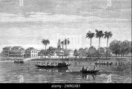 Ansichten in Niederländisch-Guayana: Government-House-Square, Paramaribo, Surinam, 1864. Illustration '...from das Portfolio der "Landschaft der niederländischen Westindischen Inseln", veröffentlicht von Buffa und den Söhnen von Amsterdam...am ersten Tag des Juli 1863 war die niederländische Kolonie Surinam Schauplatz großer Festlichkeiten und Freuden unter den afrikanischen oder Sklaven ihrer Einwohner, denn an jenem Tag ging das System der Sklaverei zu Ende Die Legislative von Holland hatte beschlossen, dass alle Sklaven in dieser Kolonie von der Regierung gekauft und wieder in Freiheit gebracht werden sollten. Der Geburtstag des Stockfoto