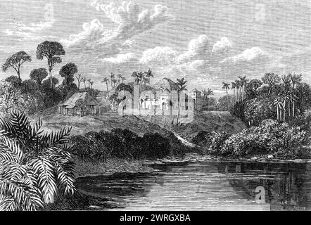 Ansichten in Borneo: Government House, Sarawak, 1864. Gravur aus einer Skizze von Herrn Frederick Boyle: "...von der Landschaft von Sarawak, dem Sitz der Regierung von Sir James Brooke in Borneo...unsere Illustration ist ein Blick auf das Regierungshaus, das direkt gegenüber der heutigen Festung steht; der Fluss ist hier etwa 250 Meter breit." Aus Illustrated London News, 1864. Stockfoto