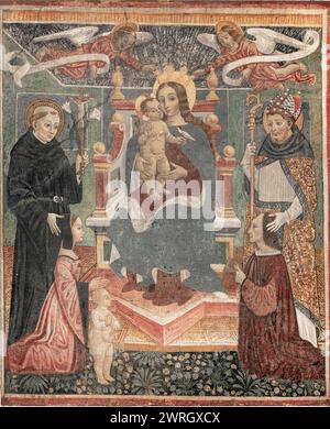 Thronte Madonna und Kind zwischen dem Heiligen Nikolaus von Tolentino und einem Bischof, mit Spendern und Engeln, 1499. Private Sammlung Stockfoto