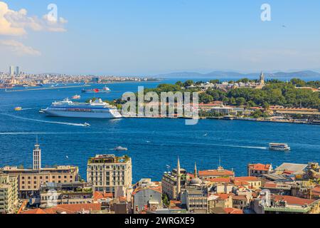 Galata Tower aus der Vogelperspektive auf die Skyline von Istanbul mit dem bosporus und einem Kreuzfahrtschiff an einem klaren, sonnigen Tag in der Türkei. Stockfoto