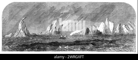 Großbritannien unter den Eisbergen bei Kap Horn, 1864. "Der Schraubendampfer Großbritannien, der in Liverpool ankam... nachdem er die Passage von Melbourne innerhalb von einundsechzig Tagen gemacht hatte, durchlief am 12. September und zwei oder drei folgenden Tagen eine außergewöhnliche Eisberge... Wir wurden von Mr. G. T. Home, einem der Passagiere, bevorzugt. mit einer Skizze einer Gruppe von Eisbergen wurden am ersten Tag fünfundneunzig Eisberge gesehen, aber die Gesamtzahl der Eisberge betrug 212. Manchmal kam das Schiff an einer Gruppe von zehn oder zwölf dicht zusammengedrängten Personen vorbei. Ein sehr schweres Meer Stockfoto